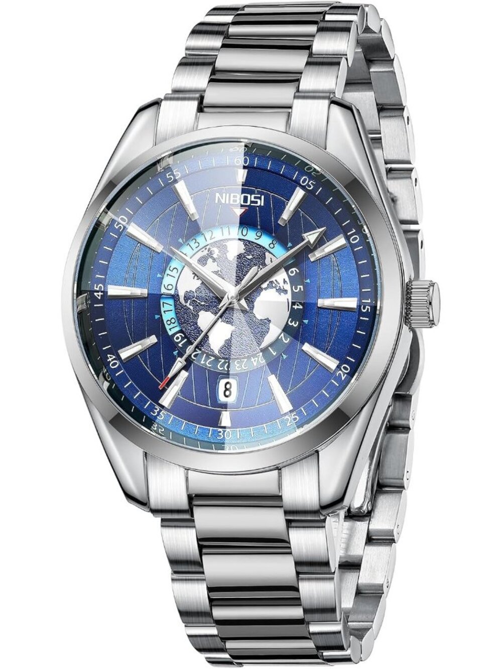 Men's Blue Silver Analog Quartz Stainless Steel Waterproof Casual Wrist Watch